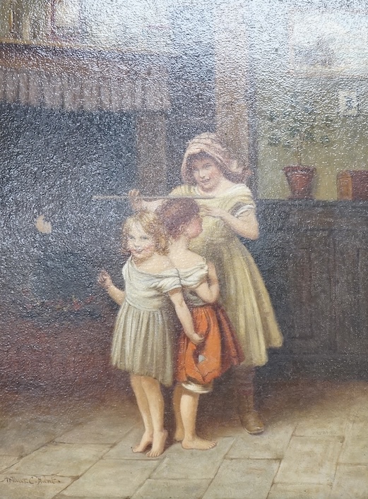 Arthur Acland Hunt (fl.1863-1902), Children measuring their height, signed, oil on panel, 36 x 27cm, gilt framed
